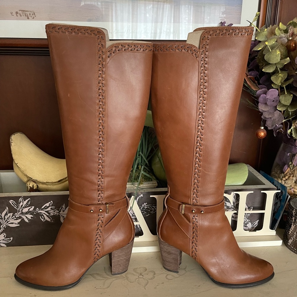 UGG Claudine Camel Colored Leather Knee Boots - Picture 2 of 8